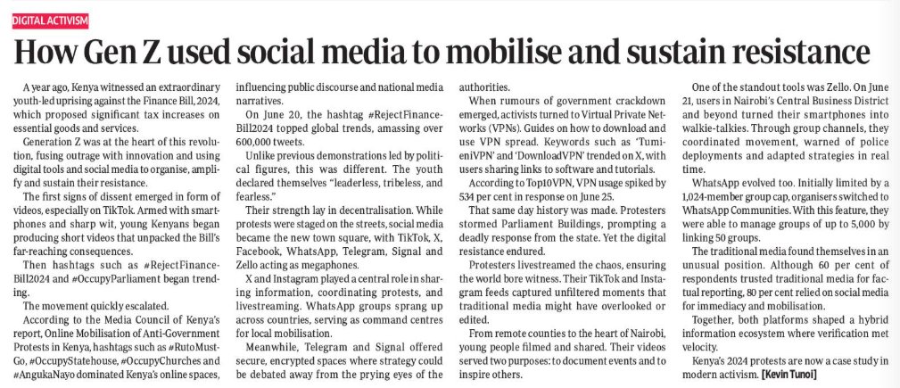 Media Observer (@mediaobserverk) on Twitter photo The <a href="/StandardKenya/">The Standard Digital</a> on June 19, 2025 carried a story by MCK's fact-checking desk and content analysis on how #GenZ used digital space to mobilize and its impact.
The report is a publication of the <a href="/MediaCouncilK/">Media Council of Kenya</a> and it is accessible here: tinyurl.com/4rppbev2
#MediaObserverKE The <a href="/StandardKenya/">The Standard Digital</a> on June 19, 2025 carried a story by MCK's fact-checking desk and content analysis on how #GenZ used digital space to mobilize and its impact.
The report is a publication of the <a href="/MediaCouncilK/">Media Council of Kenya</a> and it is accessible here: tinyurl.com/4rppbev2
#MediaObserverKE