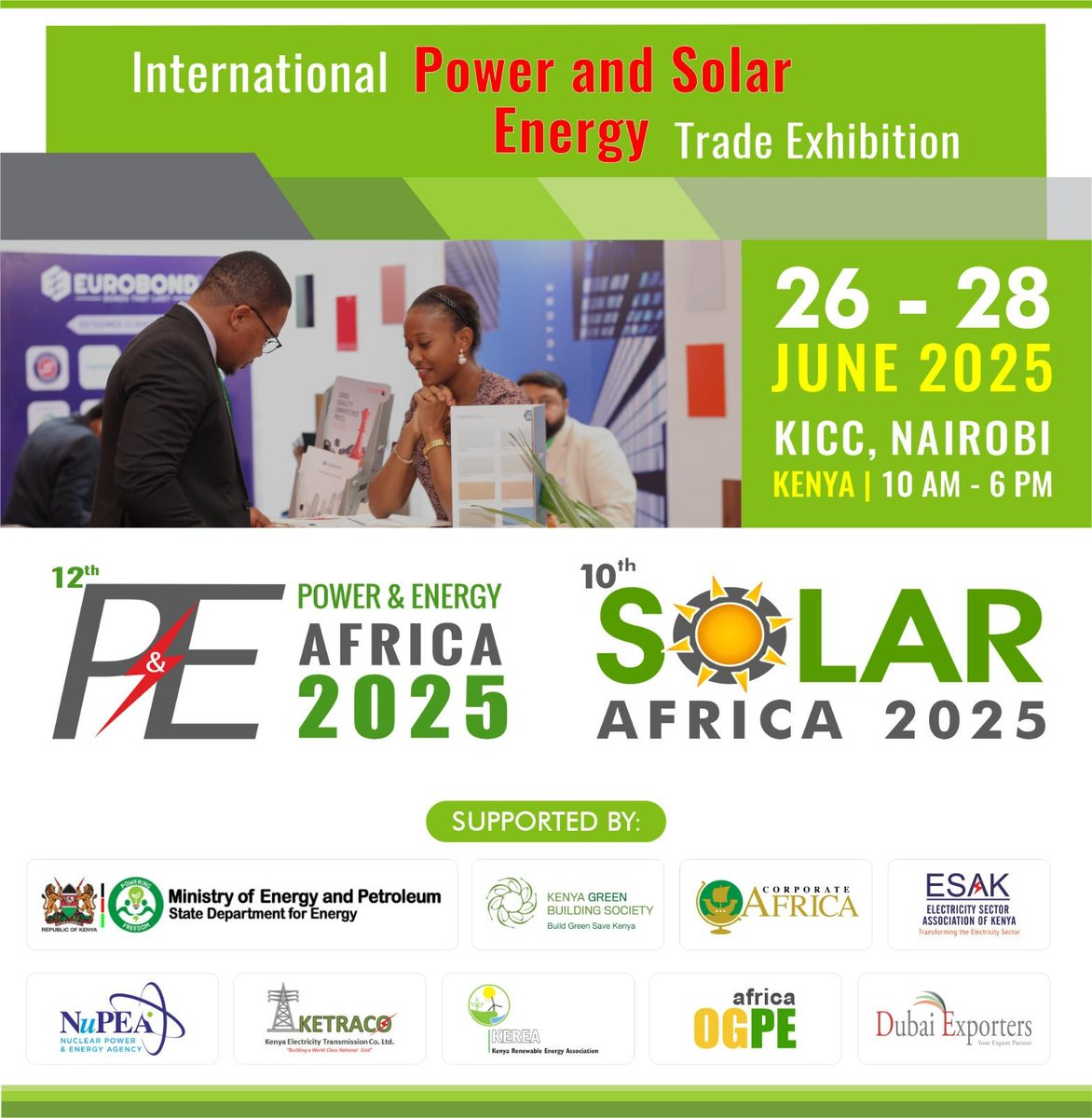 Don’t miss the 12th POWER, ENERGY &amp; SOLAR EXPO 2025!
📅 June 26–28 | 📍 KICC, Nairobi | 🕙 10 AM – 6 PM

🌍 27+ countries, 10,000+ products, 1 powerful platform!
Network, innovate, and power the future of Africa.

🔗 More: expogr.com/kenyaenergy/in…