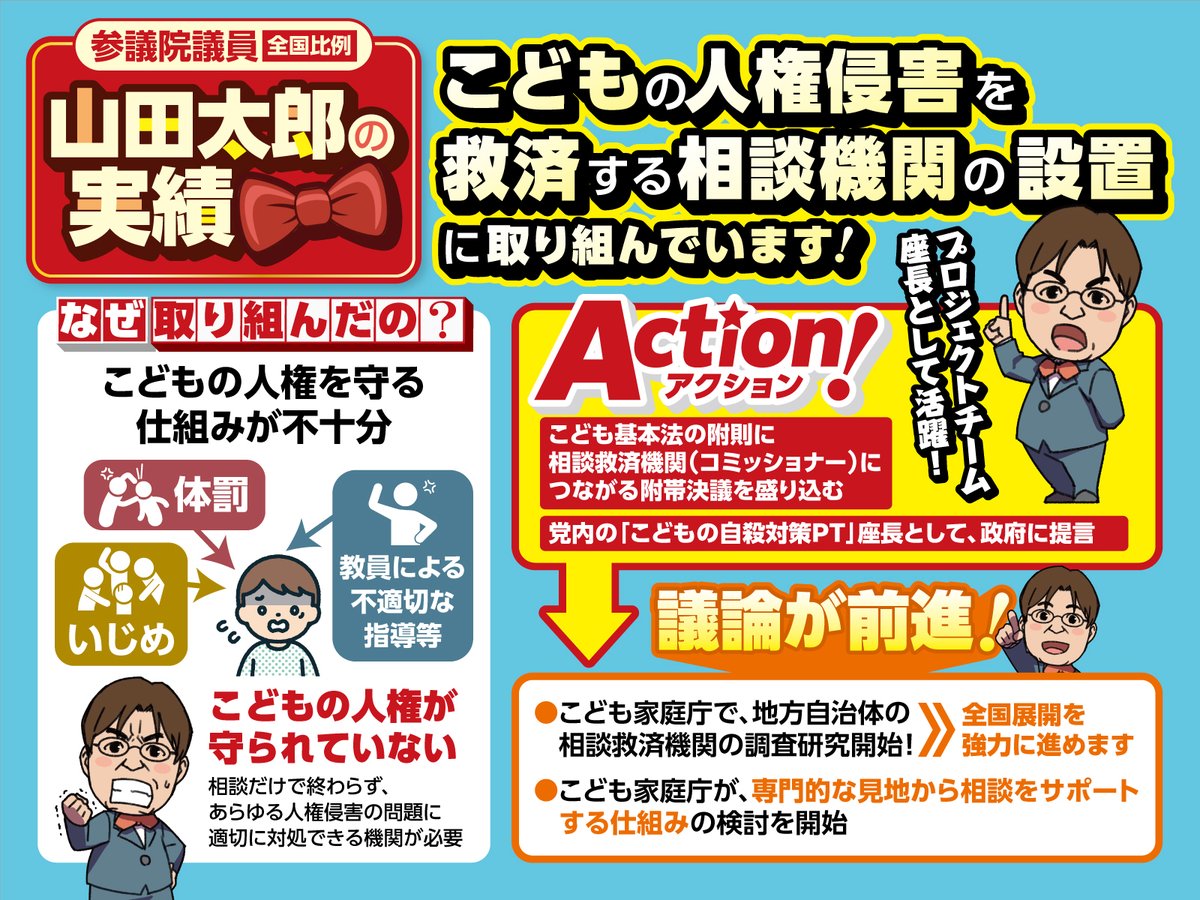 こども基本法成立後、＃山田太郎（参議院議員・全国比例）はこどもの人権を実効的に守るため、いじめ・体罰・不適切指導などから救済できる独立機関の必要性を強く訴え、政府に提言。こどもの声が届き、権利が守られる社会の実現へ、この重要な取り組みをぜひ広めてください！
