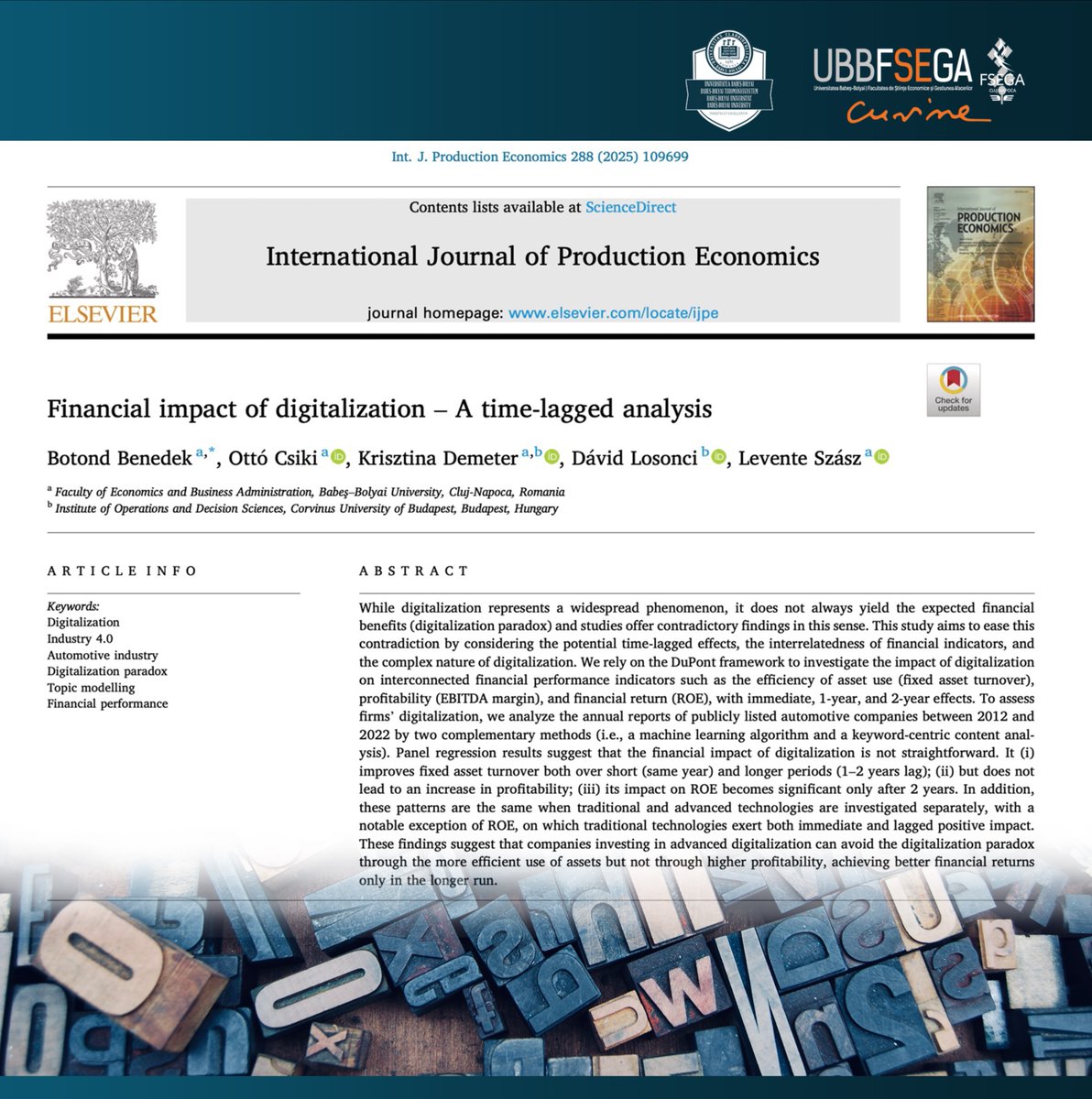 Can digitalization truly enhance financial performance, or does the “digitalization paradox” still stand in the way?
Check out the latest study @#UBBFSEGA #research to uncover how the financial effects of digitalization unfold over time. 
📖doi.org/10.1016/j.ijpe…