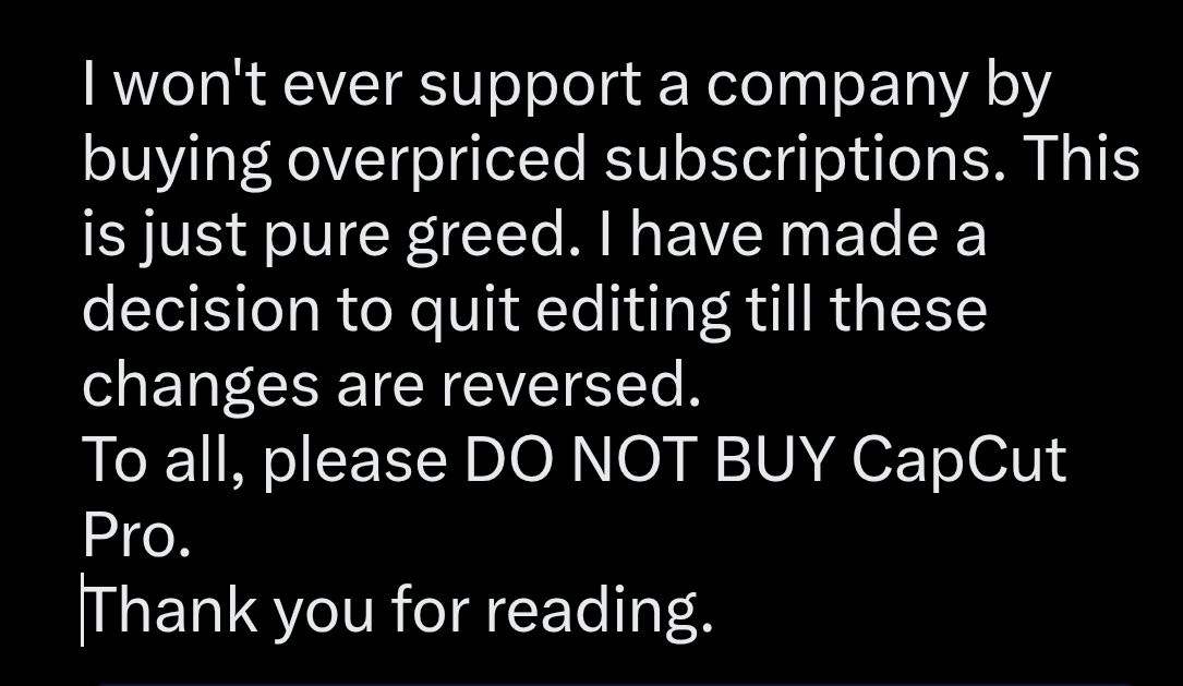 YoukiPL's tweet photo. Hello everyone.

I'm retiring from editing, after some unexpected changes from ByteDance (CapCut owner).

They have changed their TOS to this (PHOTO 1) which is FUCKED UP, and raised their prices by...

3-4 TIMES - crazy right?

From 7.99$/month
to
40$/month
 
Rest in Photo 2. https://t.co/U0jCihGdVB