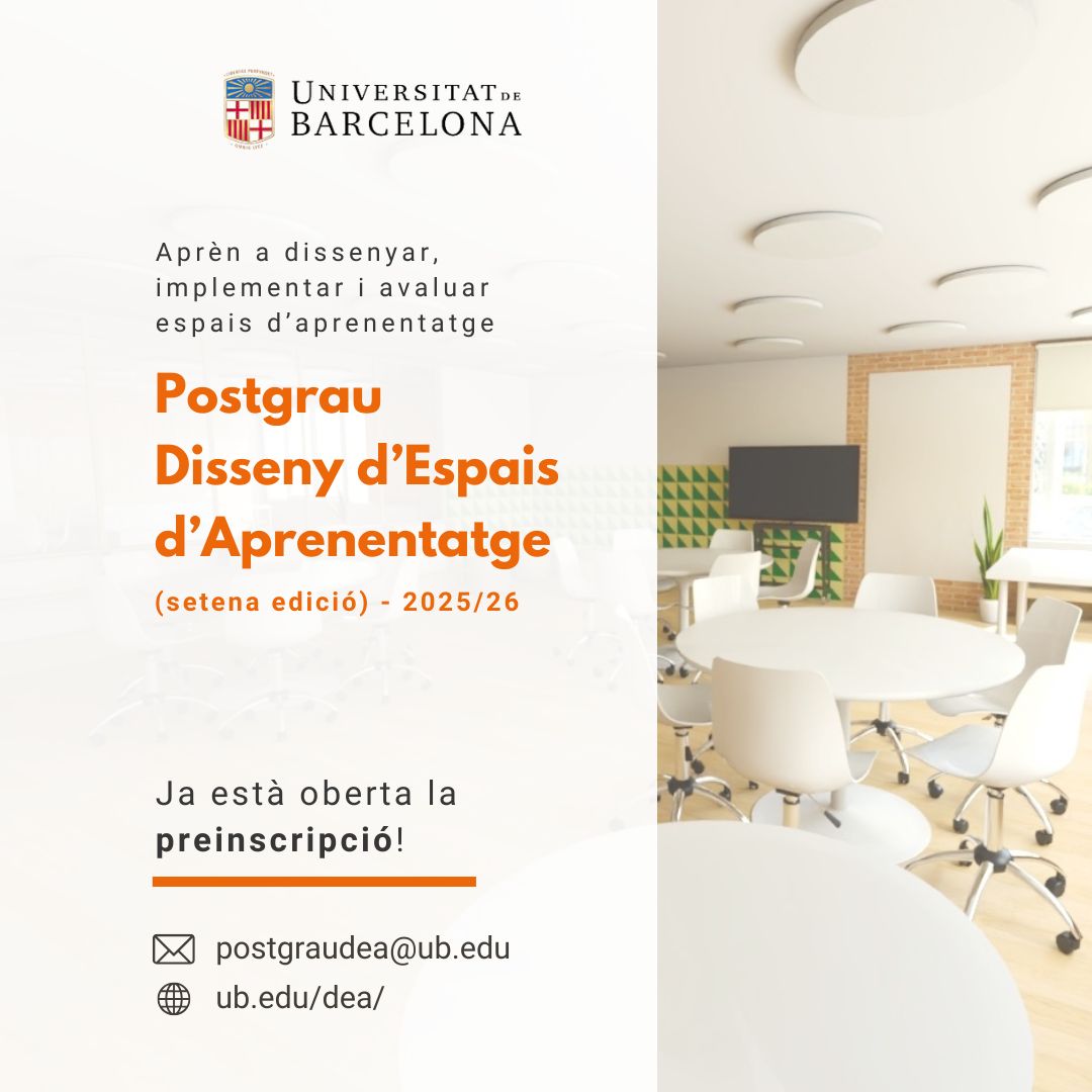 SMART CLASSROOM PROJECT (@smartclasspro) on Twitter photo 📢 Preinscripció oberta!
Vols aprendre a dissenyar, implementar i avaluar espais d'aprenentatge?
Fes-ho a <a href="/UniBarcelona/">Universitat de Barcelona</a> amb una formació pionera i innovadora per aprendre a transformar els centres educatius 🖊📚
🔗 Més informació:
ub.edu/acad/npost/pub… 📢 Preinscripció oberta!
Vols aprendre a dissenyar, implementar i avaluar espais d'aprenentatge?
Fes-ho a <a href="/UniBarcelona/">Universitat de Barcelona</a> amb una formació pionera i innovadora per aprendre a transformar els centres educatius 🖊📚
🔗 Més informació:
ub.edu/acad/npost/pub…