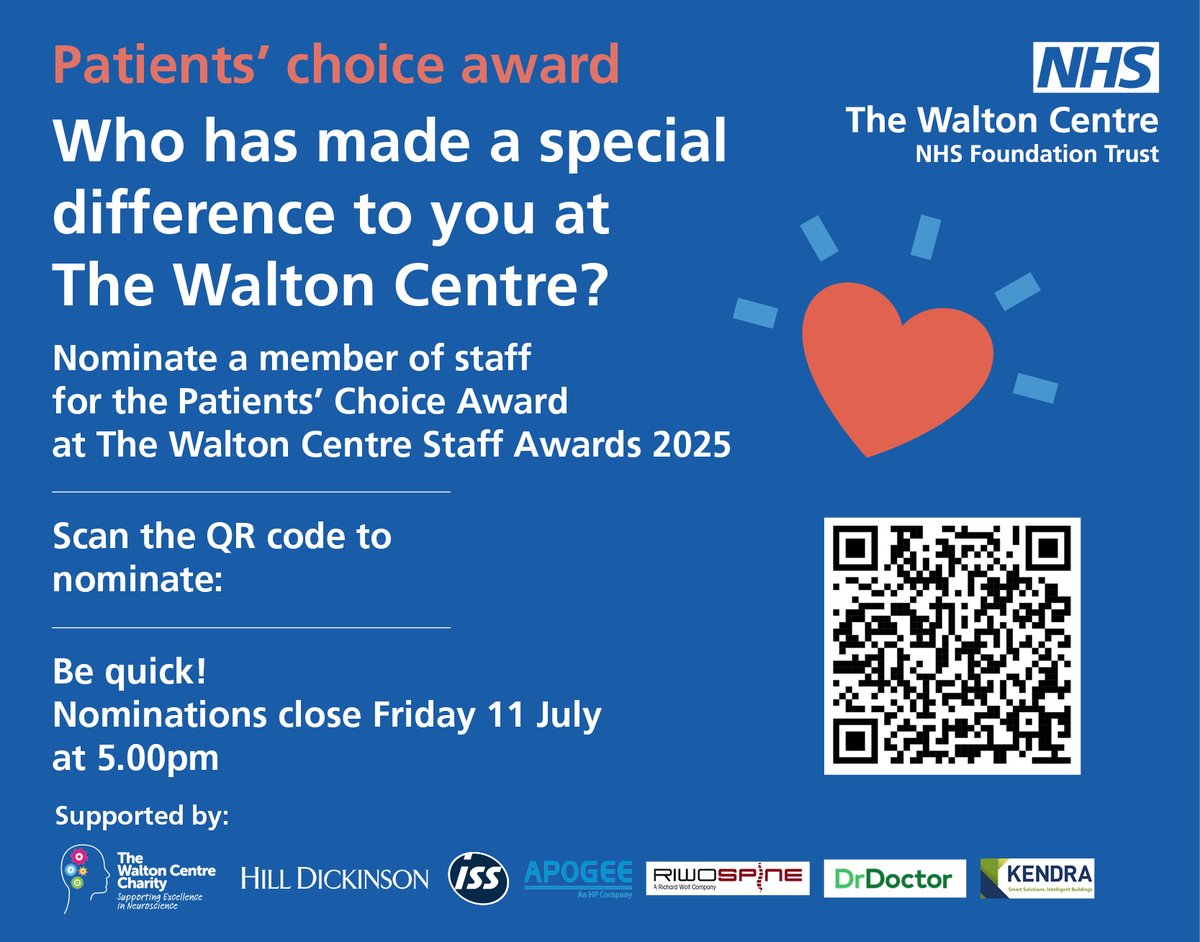 Our Patients' Choice Award is open for nominations! Shoutout the staff member who has made a huge difference to your care here at The Walton Centre. Click the link or scan the QR code: orlo.uk/mY0yE