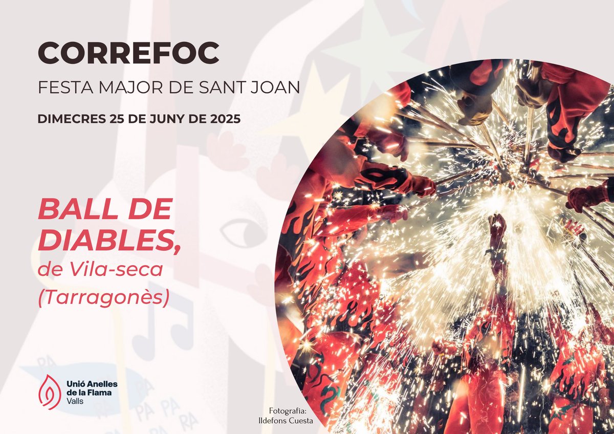FM Sant Joan 🔥 | Els balls de Diables de Tarragona i Vila-seca seran els convidats del correfoc d’aquesta Festa Major que tindrà lloc el dia 25 de juny.

💥 El correfoc començarà a les 21.00 h, al Pati i acabarà al passeig President Tarradellas amb el castell de focs.

#UAFValls
