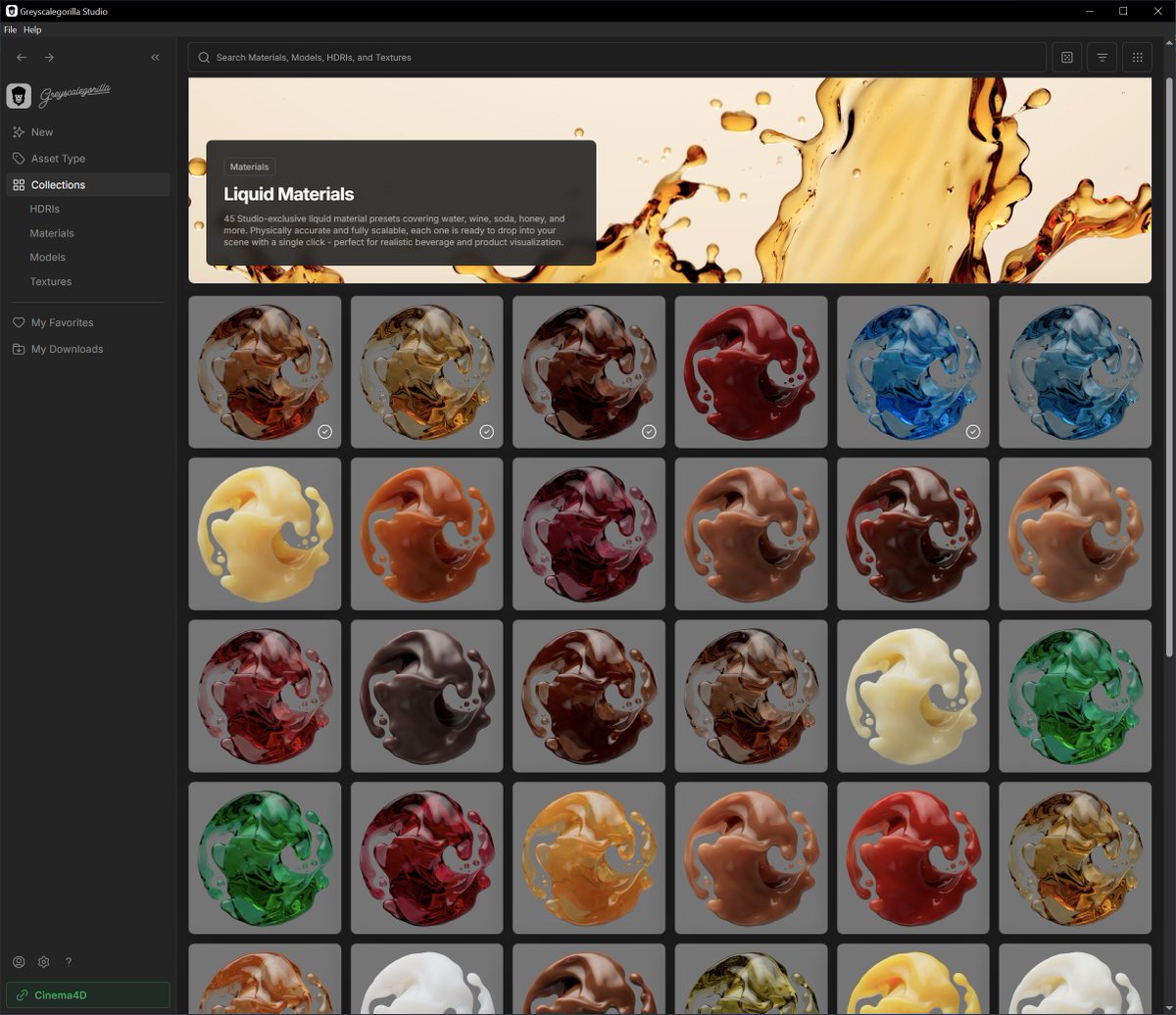 revocolor's tweet photo. ๐ฅ NEW #C4D GPU liquid sims!! Greyscalegorilla Premium Liquid Materials are ready to flow ๐ฆ ๐จโ๐ณ #rendering #3dart #liquids #fluids #madewithGSG https://t.co/4wmHXgjG5S