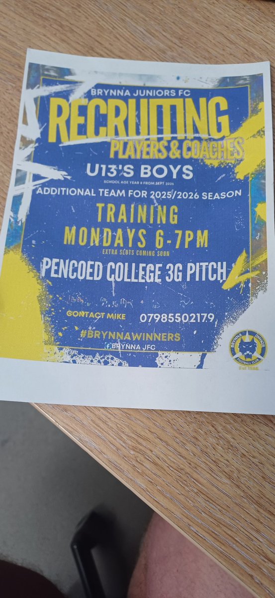 Brynna FC is recruiting players for their U13's team.

If anyone is interested, please follow the information on the attachment.

⚽️ ⚽️