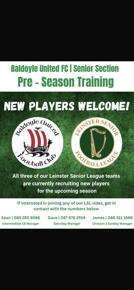 BaldoyleUtdLSL's tweet image. ๐ท๐๐-๐บ๐๐๐๐๐ โฝ๏ธ๐
Baldoyle Menโs pre-season is starting in the next couple of weeks
We are actively recruiting new players for the next upcoming season
If your interested in coming down get in contact with the numbers below ๐
@AlQuinn2015 @LSLLeague