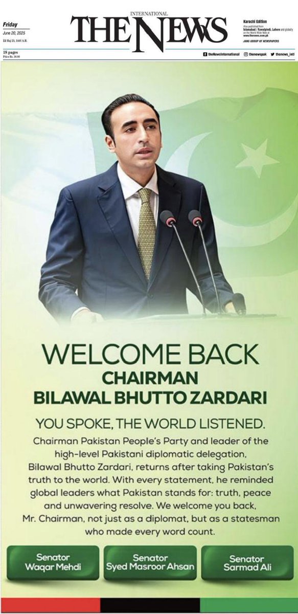 Chairman #BilawalBhuttoZardari arrives in Karachi today.He elevated Pakistan’s global standing, championing peace, cooperation, and respect on key issues by leading a successful and impactful diplomatic mission.  Welcome Back Mr Chairman.  #VoiceofPakistan