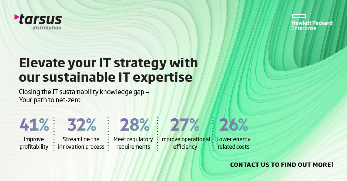 Is your IT strategy truly sustainable? 🤔 
Close the IT sustainability knowledge gap and pave your path to net-zero with HPE.  
From profitability to energy savings, we've got you covered.  Learn more: bit.ly/4dUpLfB
#TarsusDistribution #HPEElevate #ITSustainability