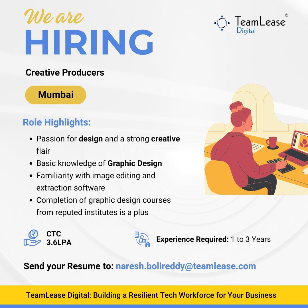 TeamLeaseDGT's tweet photo. We’re Hiring Graphic Designers

Location: Mumbai (Work from Office)
Shift: Rotational shifts

If you're ready to turn your passion into purpose,  reach out to us today.

#HiringAlert #GraphicDesignJobs #DesignRole #CreativeCareers #WorkFromOffice #NowHiring #VisualCreatives https://t.co/KuZaiDXOC4