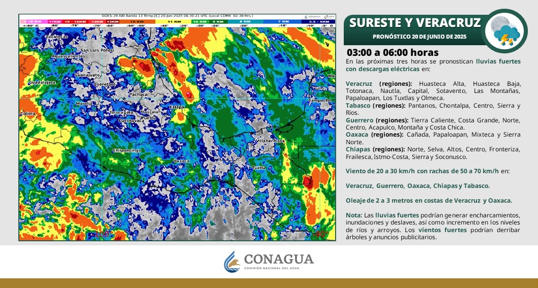 Salomón Jara Cruz (@salomonj) on Twitter photo ⚠️ ACTUALIZACIÓN DE INFORMACIÓN ⚠️
Para las próximas tres horas, la <a href="/conagua_clima/">CONAGUA Clima</a> prevé lluvias fuertes con descargas eléctricas en las regiones de la Cañada, Papaloapan, Mixteca y Sierra Juárez. Además de rachas de viento de hasta 70 km/h y oleaje de hasta 3 metros en la zona ⚠️ ACTUALIZACIÓN DE INFORMACIÓN ⚠️
Para las próximas tres horas, la <a href="/conagua_clima/">CONAGUA Clima</a> prevé lluvias fuertes con descargas eléctricas en las regiones de la Cañada, Papaloapan, Mixteca y Sierra Juárez. Además de rachas de viento de hasta 70 km/h y oleaje de hasta 3 metros en la zona