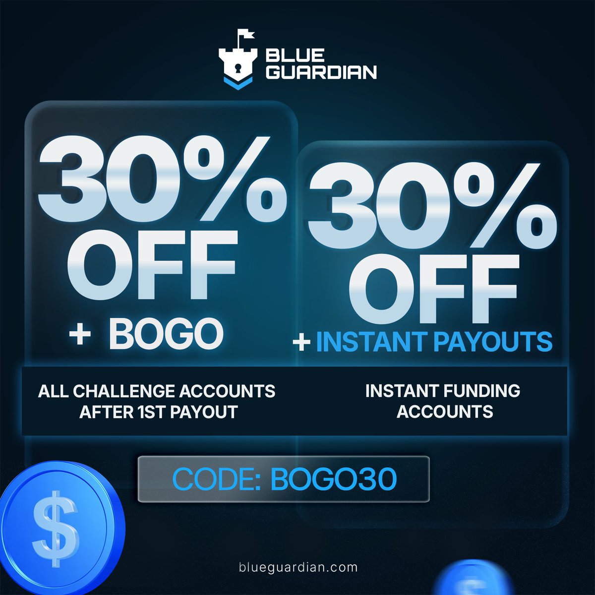 30% OFF + Buy 1 Get 1 Free💙

💙 Get instant funded starting at just $19
💙 7 day payout &amp; 90% profit split addons available
💙 MT5 and 3 other platforms

*bogo applicable after 1st payout

Click on ➡️ checkout.blueguardian.com/ref/10/
🔹 Enter Code BOGO30