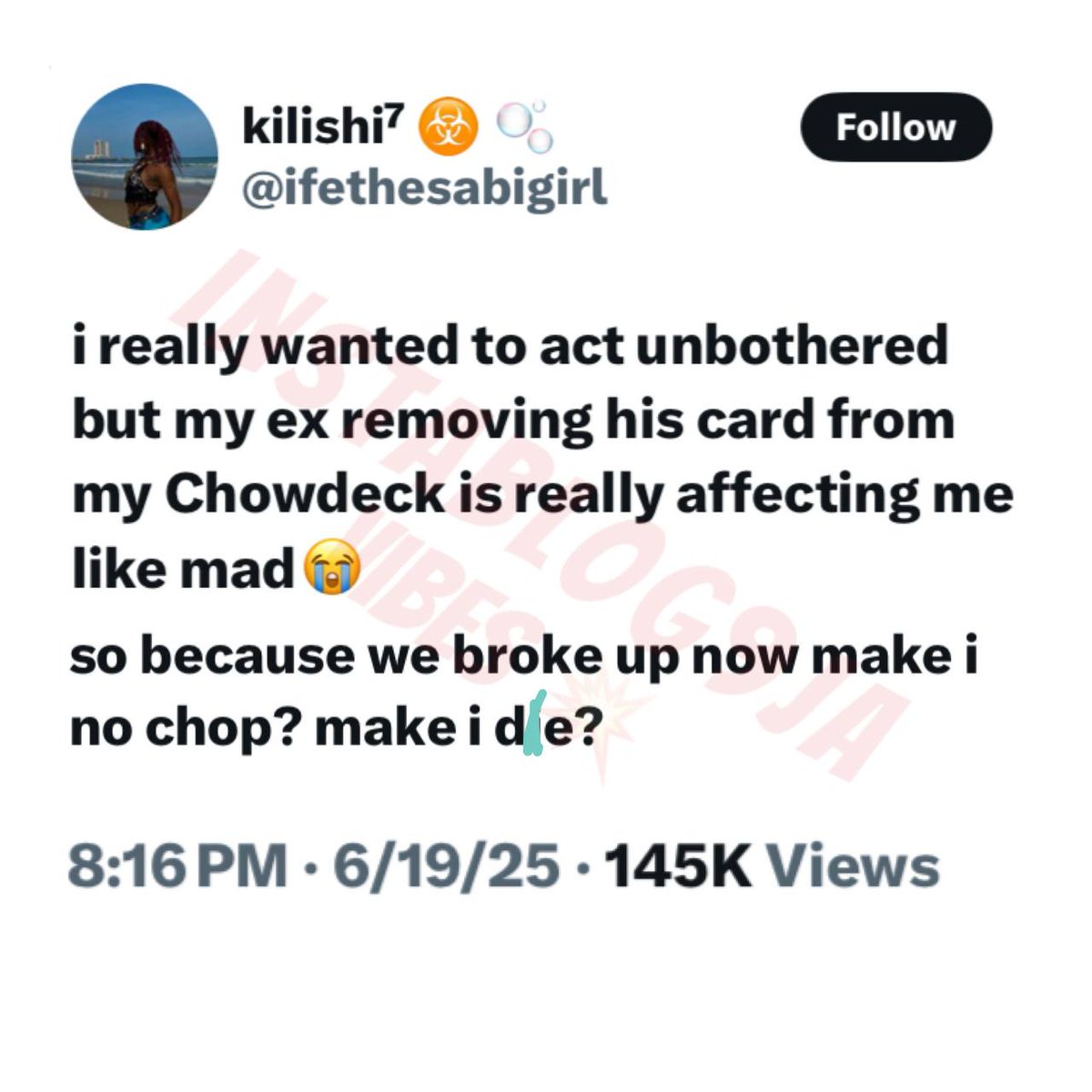 instablog9ja's tweet photo. “So because we break up, make I no chop?💔😭” — Lady laments after her ex removed his card from her Chowdeck account https://t.co/hGJUtlspX9