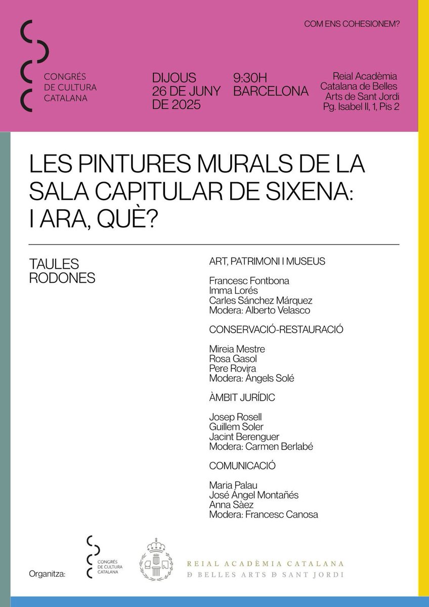 🔴 ATENCIÓ: El <a href="/noucongres/">Congrés de Cultura Catalana</a> i la <a href="/racbasj/">R. Acadèmia Catalana de Belles Arts de Sant Jordi</a> han organitzat pel proper dijous 26 aquesta jornada potentíssima sobre la qüestió de Sixena. Quatre taules rodones, quatre, amb experts en les diferents matèries.

Us heu d’inscriure aquí:

noucongres.cat/agenda/39/les-…