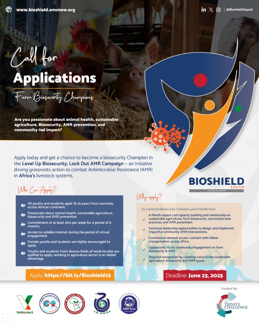 🚨 REMINDER: Call for Applications Closing in 3 days! 🚨

Deadline to apply: June 23, 2025

🔗 Apply now: docs.google.com/forms/d/e/1FAI…

Don't miss out on becoming one of the next #BiosecurityChampions driving change across Africa!
#AMR #OneHealth #YouthInAction