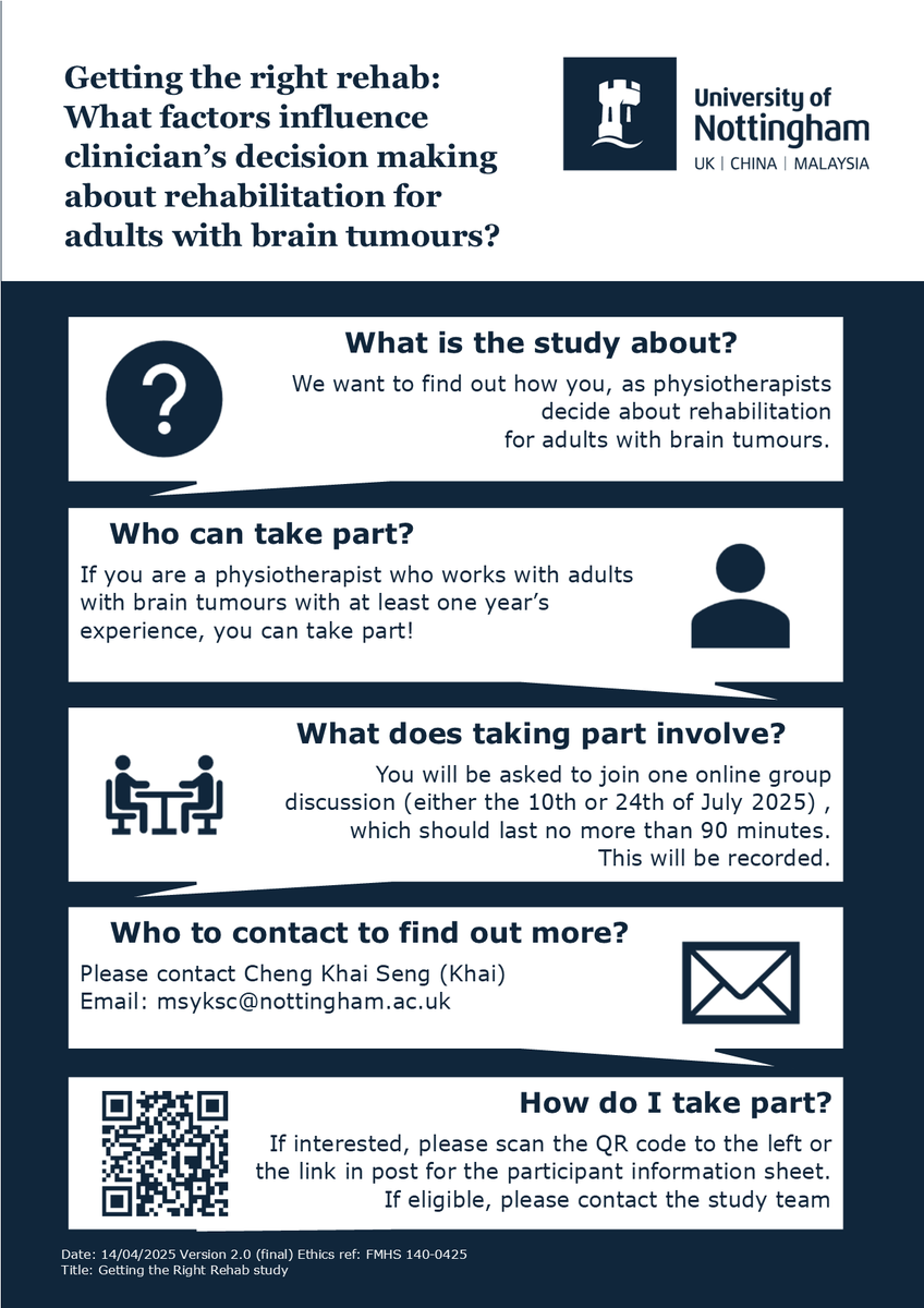KhaiSengCheng's tweet image. Recruiting physiotherapists working in the UK with adults with brain tumours as part of their role for a study about choice of rehabilitation. See image for details. UoN Ethics Ref: FMHS 140-0425 #oncology #physio #neuroonc @ACPOPC