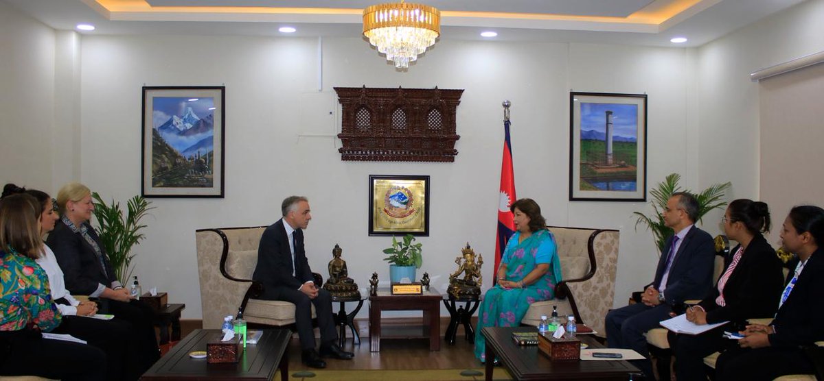 Mr. Benoit Guidee, Director of the Asia and Oceania Department at the Ministry for Europe and Foreign Affairs of France, paid a courtesy call on Hon. Dr. Arzu Rana Deuba, Minister for Foreign Affairs, today. 
The discussions focused on Nepal-France relations and bilateral