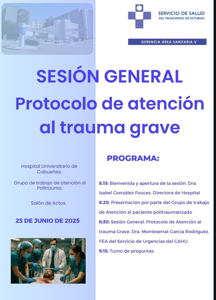 ¡Nuevo Protocolo de Atención al Trauma Grave! 🆕

El 2️⃣5️⃣ de junio presentaremos oficialmente en el Hospital Universitario de Cabueñes este nuevo protocolo, fruto del trabajo conjunto de un equipo multidisciplinar comprometido con la mejora continua de la atención al paciente