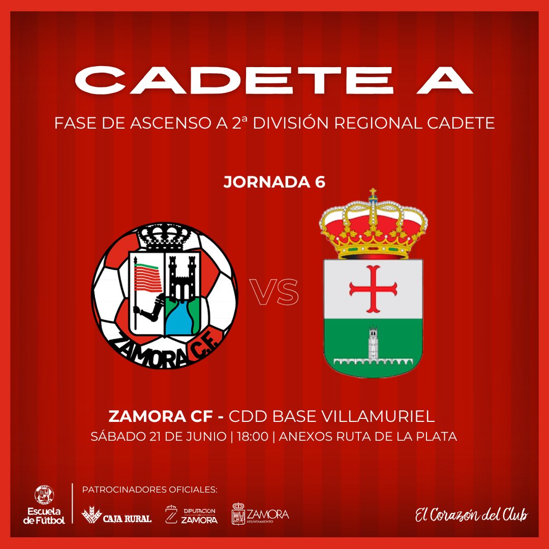 𝗖𝗔𝗗𝗘𝗧𝗘 𝗔 | Horario
🏆 Fase de Ascenso
✅ Jornada 6
🆚 CDD Base Villamuriel 
🏟️ Anexos Ruta de la Plata 
🗓️ Sábado 21 de junio
⏰ 18:00
#CadeteA | #ElCorazóndelClub
