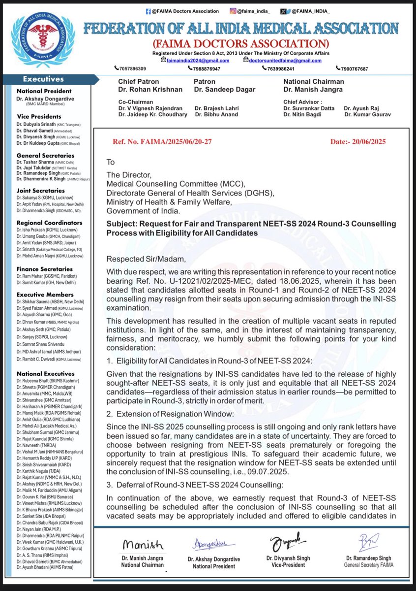 FAIMA_INDIA_'s tweet image. Open Round 3 for all candidates so no seat goes wasted and merit is upheld.
This is a call for fairness, not favor.

#FairChanceForDoctors #NEETSS #INISS @MoHFW_INDIA @DghsIndia @NbeIndia @PMOIndia @narendramodi @MoHFW_INDIA @DrRohanKrishna3 @Dr_ManishJangra @dr_dongardive