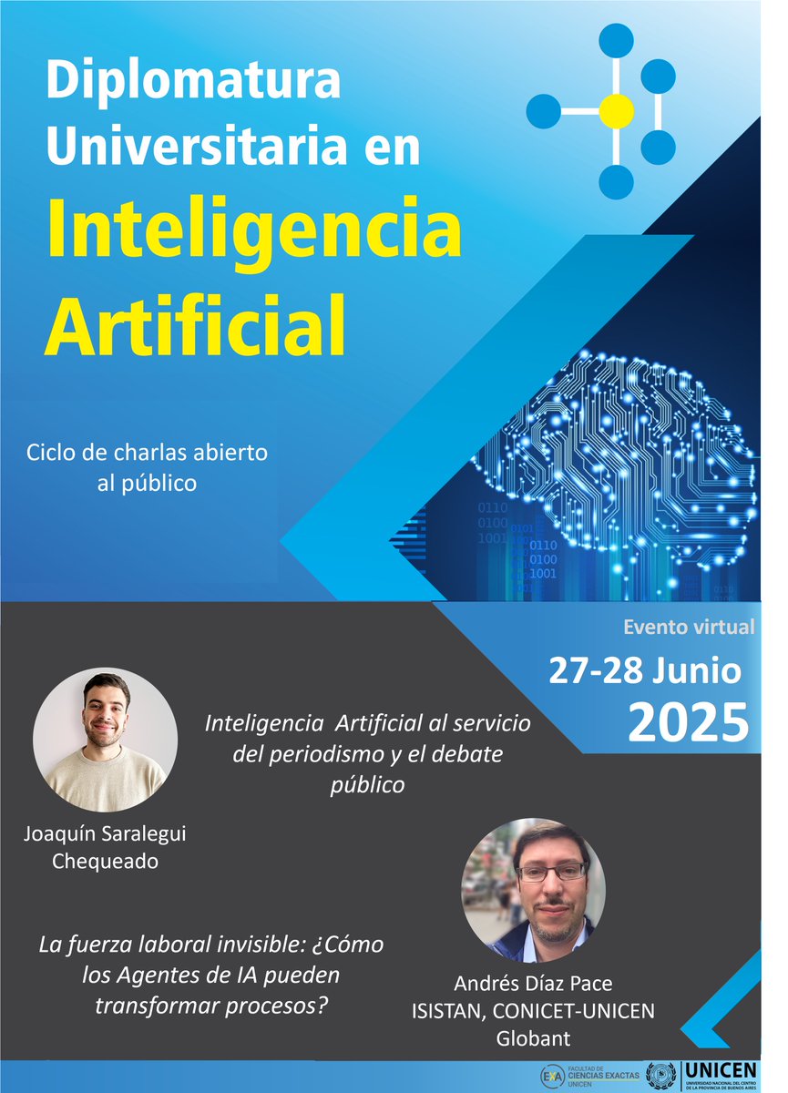 📢 ¡Se vienen dos charlas imperdibles!
🔹 IA y periodismo con Joaquín Saralegui
🔹 Agentes de IA en procesos productivos con Andrés Diaz Pace 
🗓️ 27 y 28/6 · Modalidad virtual · Abiertas al público
📩 Inscribite: forms.gle/4DncWjKwTK6JN9…
#IA #DUIA