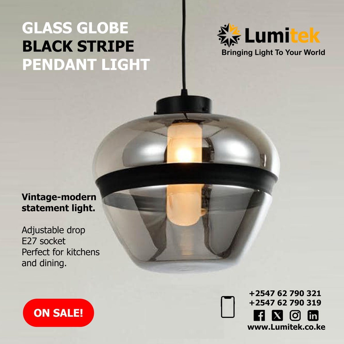 lumitek_kenya's tweet image. 🟠 Glass globe black stripe LED pendant light, vintage-modern statement light with adjustable drop, E27 socket, and requires 40W LED/dimmable. IP20 protection rating. #KitchenLight #DiningLight #StudyLight #PendantLight #VintageLighting Shop now ➡️ wa.me/254762790321?t…