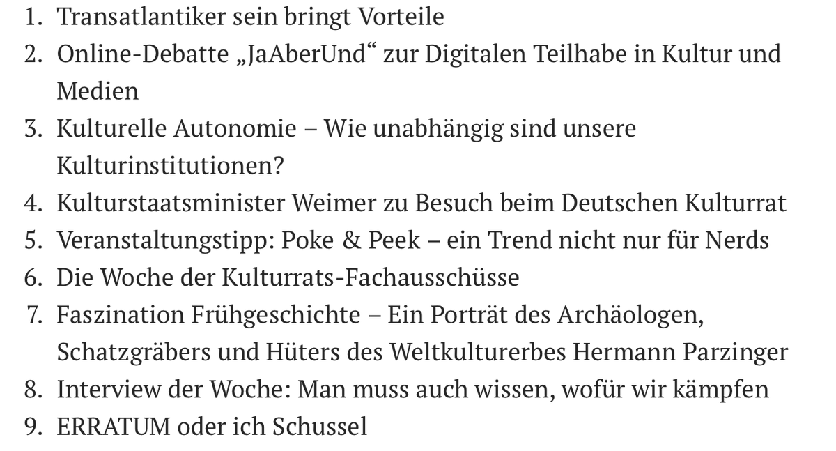 Deutscher Kulturrat (@dkrkultur) on Twitter photo Der neue kulturpolitische Wochenreport von <a href="/olaf_zimmermann/">Olaf Zimmermann</a> ist gerade erschienen. Themen sind: Onlinedebatte #JaAberUnd am 25.06.25; <a href="/BundesKultur/">BKM Kultur & Medien</a> Wolfram Weimer beim Deutschen Kulturrat; Porträt von Hermann Parzinger <a href="/hparzinger/">Hermann Parzinger</a> und vieles mehr --> tb5c0875c.emailsys1a.net/mailing/5/8413… Der neue kulturpolitische Wochenreport von <a href="/olaf_zimmermann/">Olaf Zimmermann</a> ist gerade erschienen. Themen sind: Onlinedebatte #JaAberUnd am 25.06.25; <a href="/BundesKultur/">BKM Kultur & Medien</a> Wolfram Weimer beim Deutschen Kulturrat; Porträt von Hermann Parzinger <a href="/hparzinger/">Hermann Parzinger</a> und vieles mehr --> tb5c0875c.emailsys1a.net/mailing/5/8413…