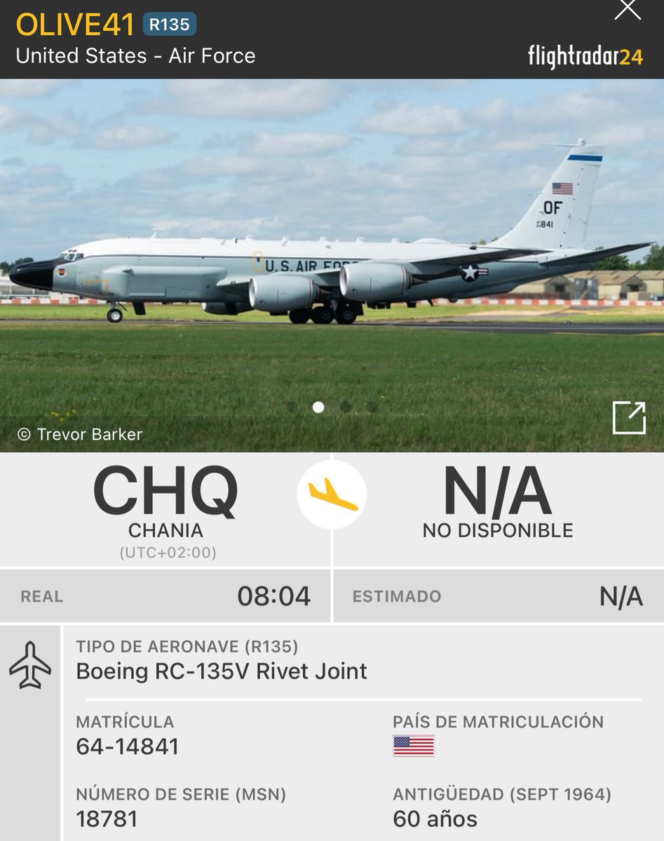 AvistamientosA's tweet photo. 🔴Boeing RC-135V Rivet Joint (64-14841) de la #USAF 🇺🇸 “OLIVE41” sobre el Mar de #Alborán al sur de las costas de #Málaga #Spain 🇪🇸 procedente de la base aérea de #Chania #CHQ en #Grecia 🇬🇷 con rumbo este. Al haber realizado escala en Grecia 🇬🇷,posiblemente no “pare” en #NASRota https://t.co/wPrdTPwfgF