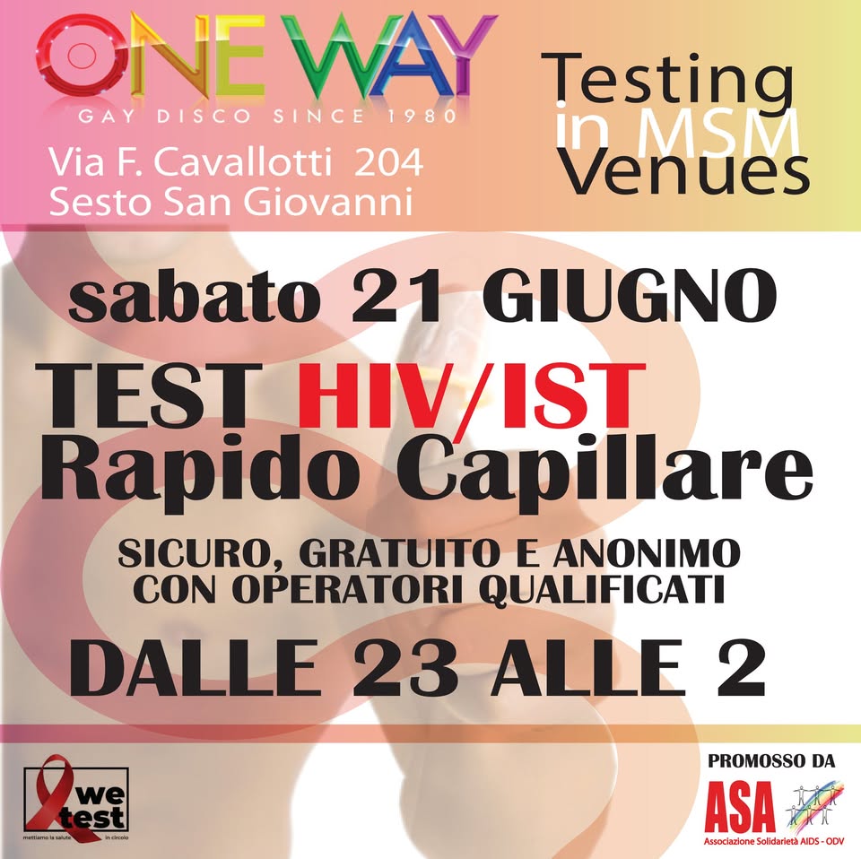 AsaOnlus's tweet photo. Sabato 21 GIUGNO 2025 @OneWayMusicX - discoclub Milano-Via Cavallotti 204 Sesto San Giovanni dalle 23 alle 2
Test gratuito sicuro e anonimo con esito immediato.
#testHIV #testsifilide #testhcv
#gratissssss
#prevenzione #TestTreatPrevent #testHIV
#UequalsU #prepnow https://t.co/YQMtD6mBSW