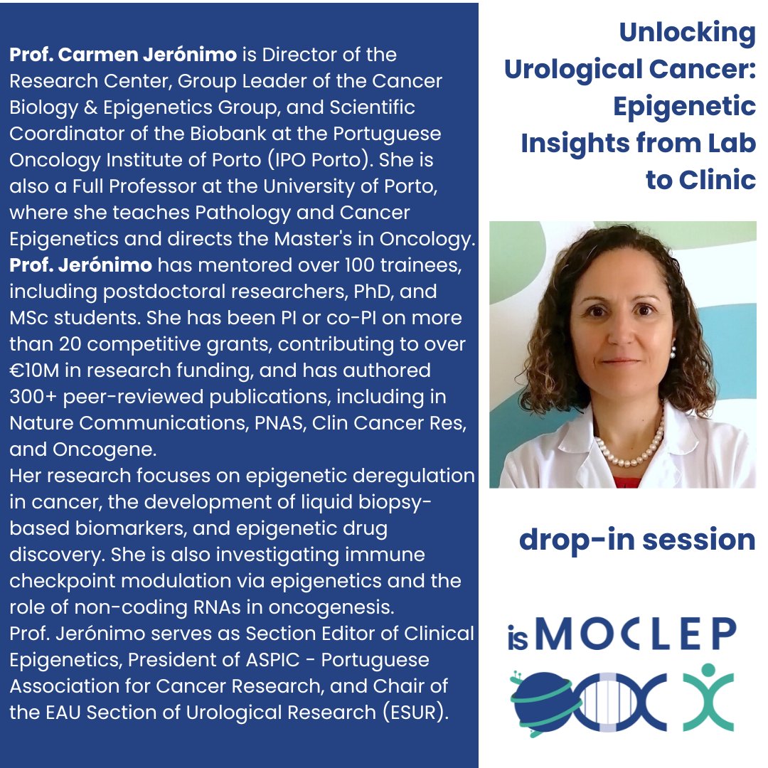 isMOCLEP (@ismoclep) on Twitter photo Join us this Thursday, June 26, 2025, at 4PM CET for our next Drop-in Session! <a href="/Prof_CJeronimo/">Carmen Jerónimo</a> , our Scientific Advisory Board Member, will present: "Unlocking Urological Cancer: Epigenetic Insights from Lab to Clinic." Don’t miss it! #CancerResearch #Epigenetics Join us this Thursday, June 26, 2025, at 4PM CET for our next Drop-in Session! <a href="/Prof_CJeronimo/">Carmen Jerónimo</a> , our Scientific Advisory Board Member, will present: "Unlocking Urological Cancer: Epigenetic Insights from Lab to Clinic." Don’t miss it! #CancerResearch #Epigenetics