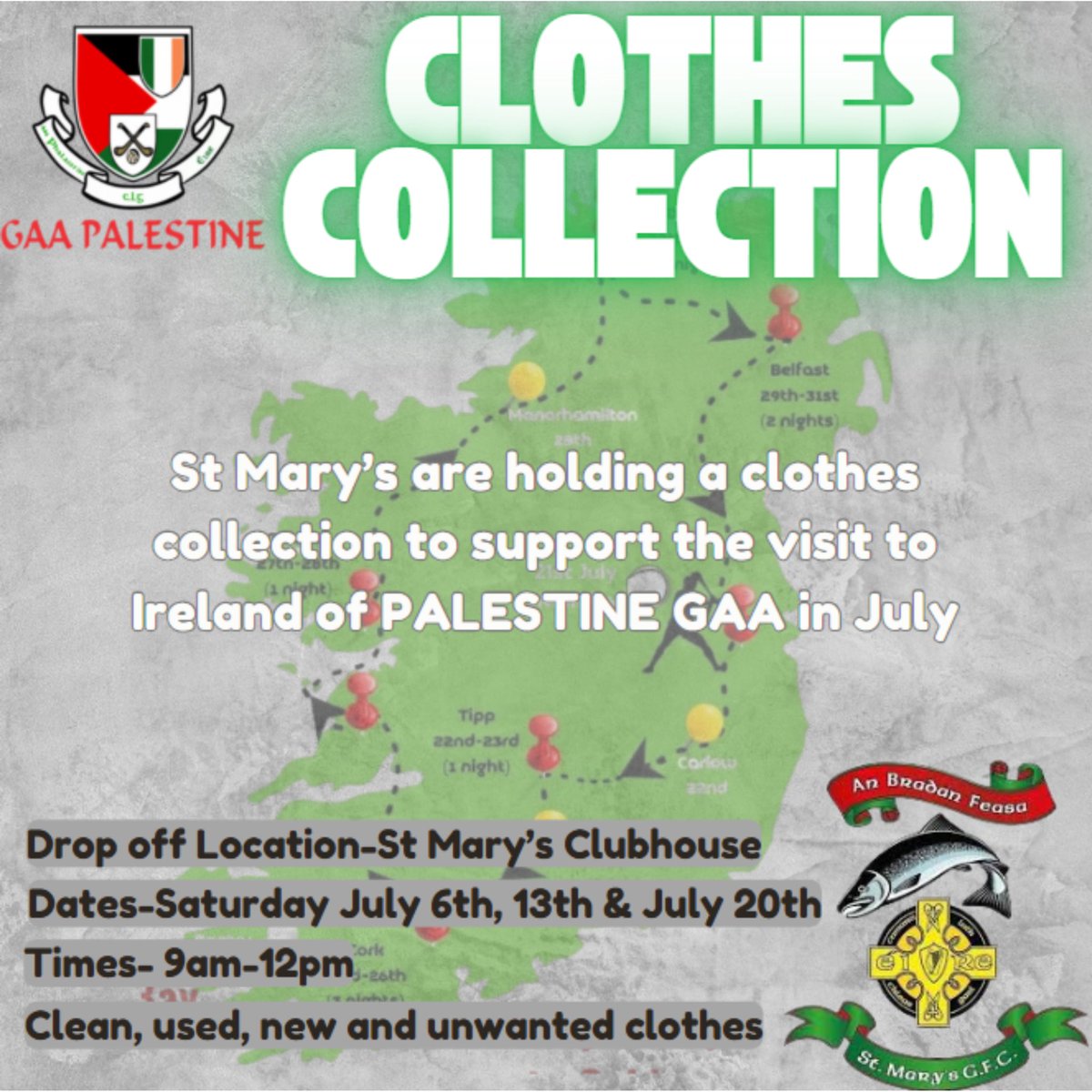 stmarysgfc's tweet image. We are looking for your unwanted clothes…All proceeds will go to help fund the GAA Palestine tour of Ireland in July. The trip will see 33 boys aged 9-17 visit the Island of Ireland for 2 weeks playing friendly matches as the travel.
FEEL FREE TO SHARE
@GAA_Palestine
@MeathGAA