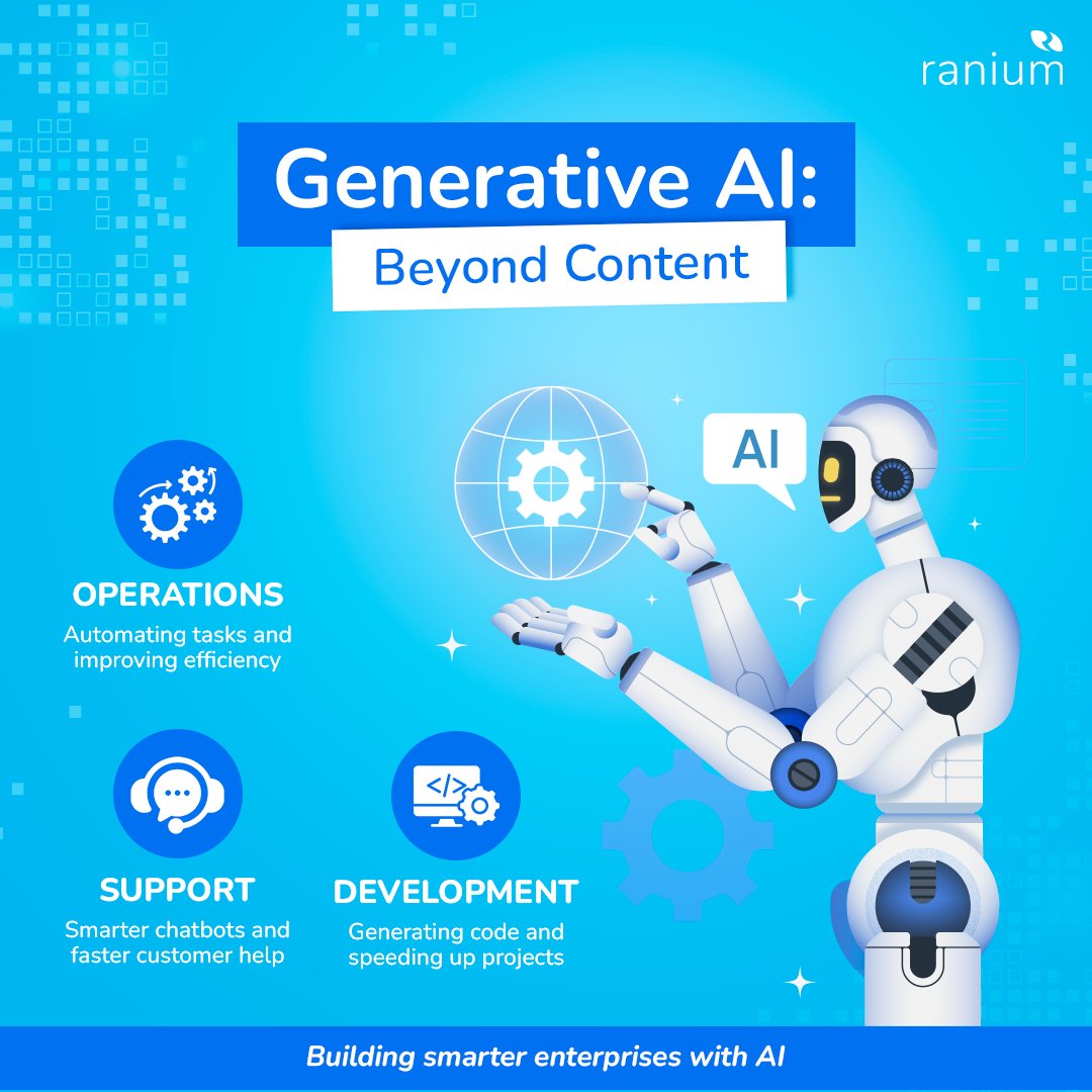 Generative AI is redefining enterprise workflows — automating operations, enhancing support systems, and streamlining development pipelines.

Beyond content, it’s the engine of intelligent transformation.