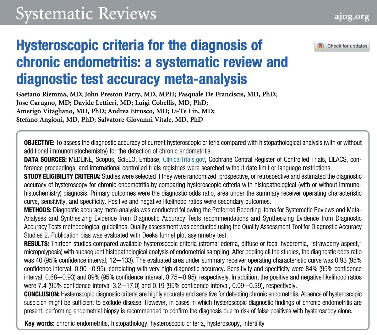 Hysteroscopic criteria for the diagnosis of chronic endometritis: a systematic review and diagnostic test accuracy meta-analysis ow.ly/cQ1850WcIzt