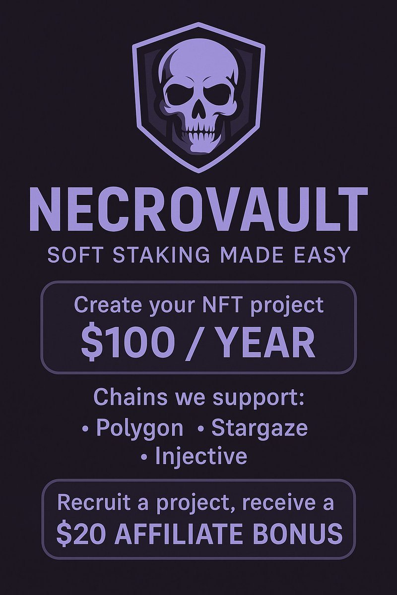 Gm from the underworld! 💀
Everything your nft project needs to have some fun and engagement with your community 👀
necrovaults.com

Projects can dm on X or visit our discord ( you need a necropolis nft to join) for all info 🗣

If you hold nfts and convince the project