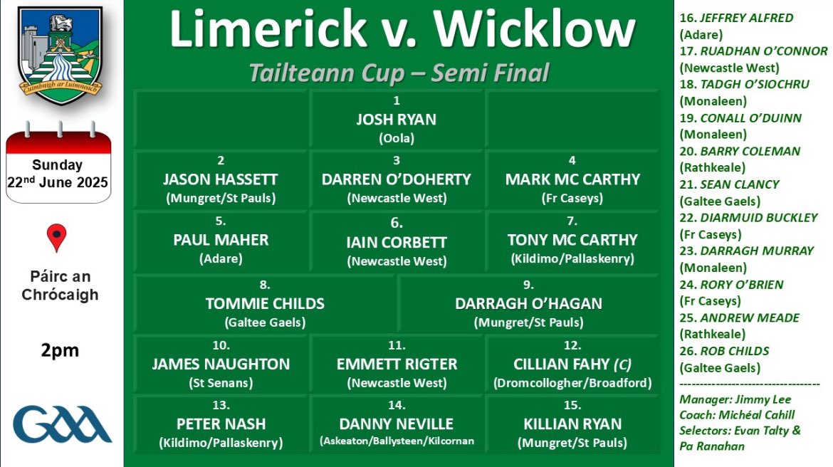 Jimmy Lee has released his Limerick Senior Football team and match panel for their Tailteann Cup Senior Football Semi Final game:

Limerick Senior Football team to face Wicklow this Sunday afternoon in Croke Park at 2pm is as follows.