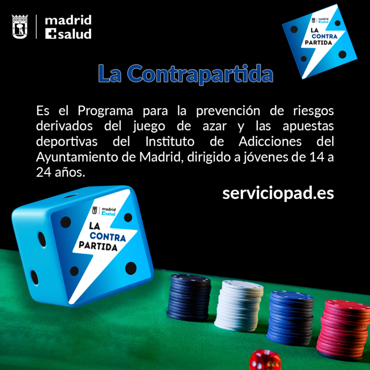Servicio PAD. Ayuntamiento de Madrid (@serviciopad) on Twitter photo ¿Sabes qué es La Contrapartida?
Es un programa para la prevención de riesgos derivados del #JuegodeAzar y las #ApuestasDeportivas del Instituto de Adicciones de <a href="/MADRID/">Ayuntamiento Madrid</a>, dirigido a jóvenes de 14 a 24 años.
Se desarrolla en 12 distritos de #Madrid.
ℹ️ serviciopad.es ¿Sabes qué es La Contrapartida?
Es un programa para la prevención de riesgos derivados del #JuegodeAzar y las #ApuestasDeportivas del Instituto de Adicciones de <a href="/MADRID/">Ayuntamiento Madrid</a>, dirigido a jóvenes de 14 a 24 años.
Se desarrolla en 12 distritos de #Madrid.
ℹ️ serviciopad.es