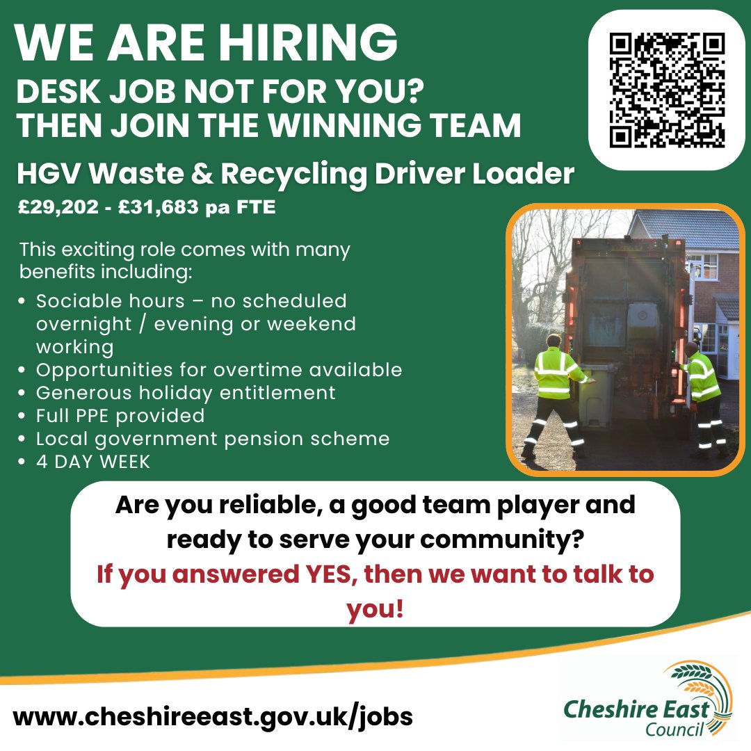 We're hiring. 
We are looking to recruit a HGV Waste &amp; Recycling Driver Loader. Interested? Learn more and apply on our website: cheshireeast.gov.uk/jobs

#hiring #job #jobs #teamoftomorrow #jobseeker #jobopportunity #jobsearch #loveyourjob