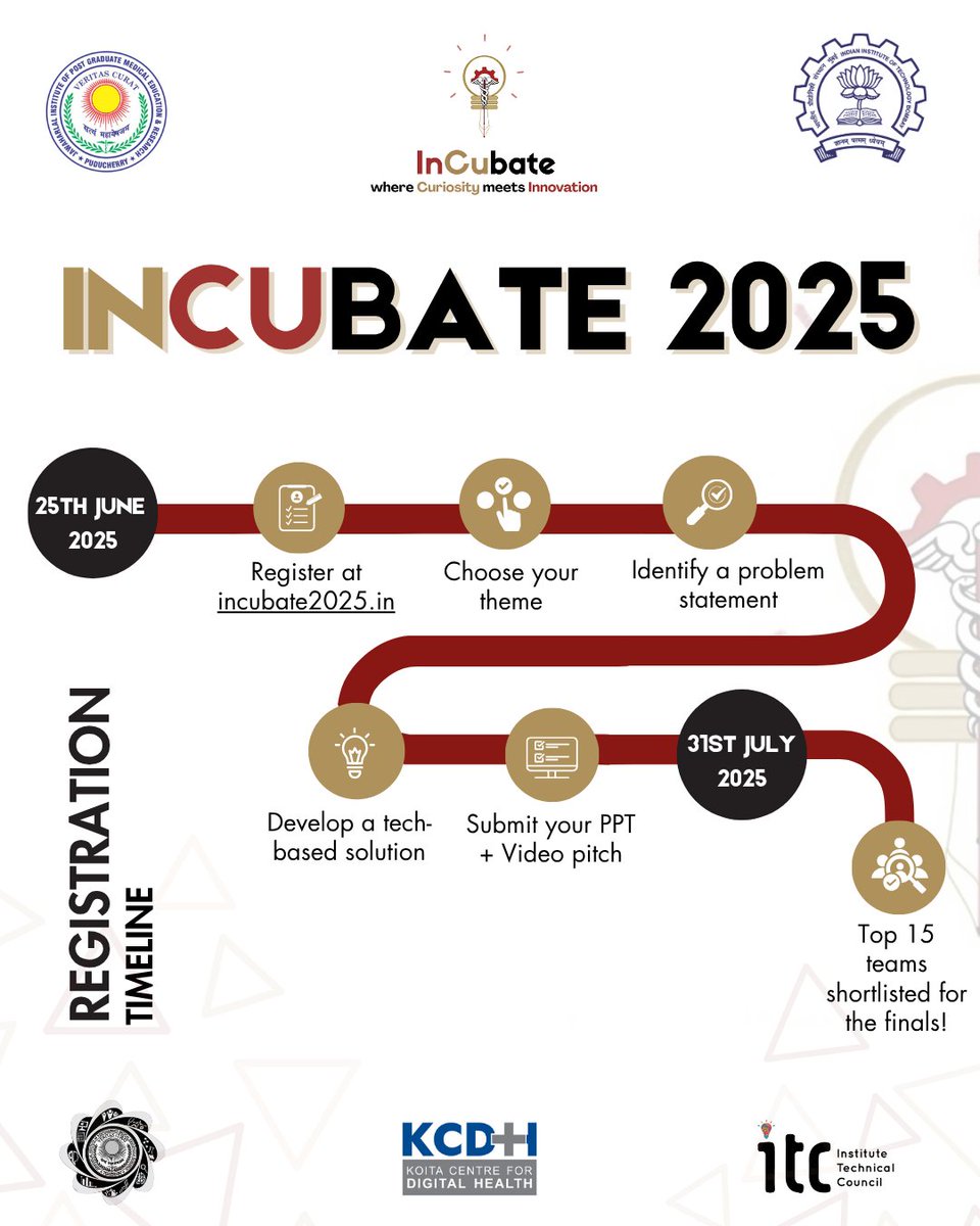 OfficialJipmer's tweet image. 🚨 REGISTRATIONS OPEN JUNE 25!
🌟 #INCUBATE2025 by #JIPMER & #IITBombay
A National Med-Tech Hackathon for UG students (Medical + Engineering)
Teams of 2–4
Cash prizes & expert mentorship
Real-world healthcare challenges
Finals at JIPMER (Oct 2025)
🔗 incubate2025.in