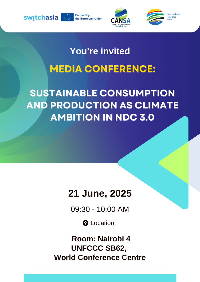 📣 MEDIA CONFERENCE at #SB62
 Sustainable Consumption &amp; Production as Climate Ambition in NDC 3.0
📅 21 June 2025
🕘 09:30–10:00 AM CET 
📍 Room: Nairobi 4, World Conference Centre, Bonn
Join us for insights on SCP’s role in shaping ambitious climate pathways.
#UNFCCC #SCP #NDC