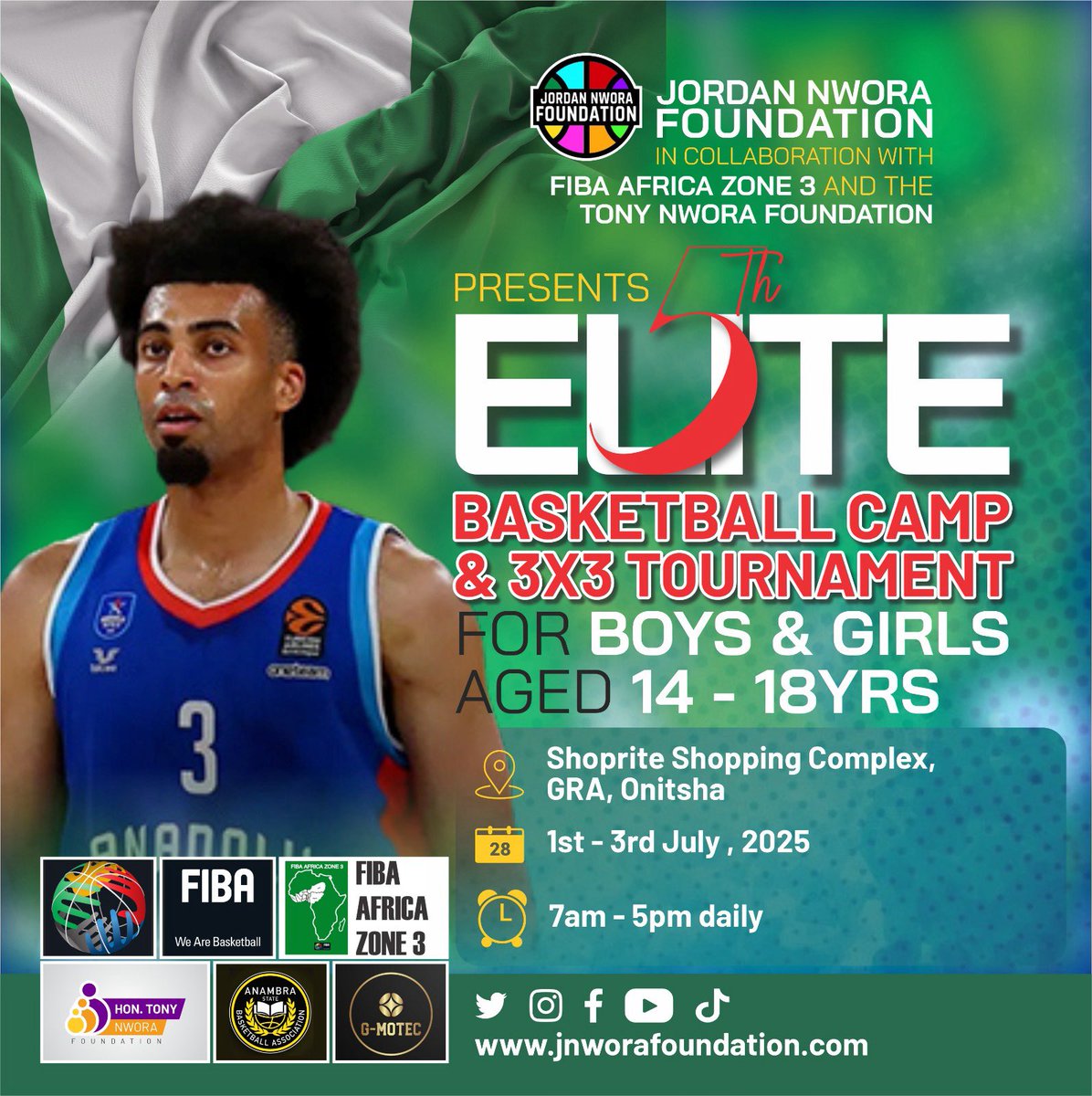 JNF  ELITE BASKETBALL CAMP  &amp; 3X3 TOURNAMENT
IN COLLABORATION WITH FIBA AFRICA ZONE 3
ONITSHA, NIGERIA
1ST - 3RD JULY , 2025
