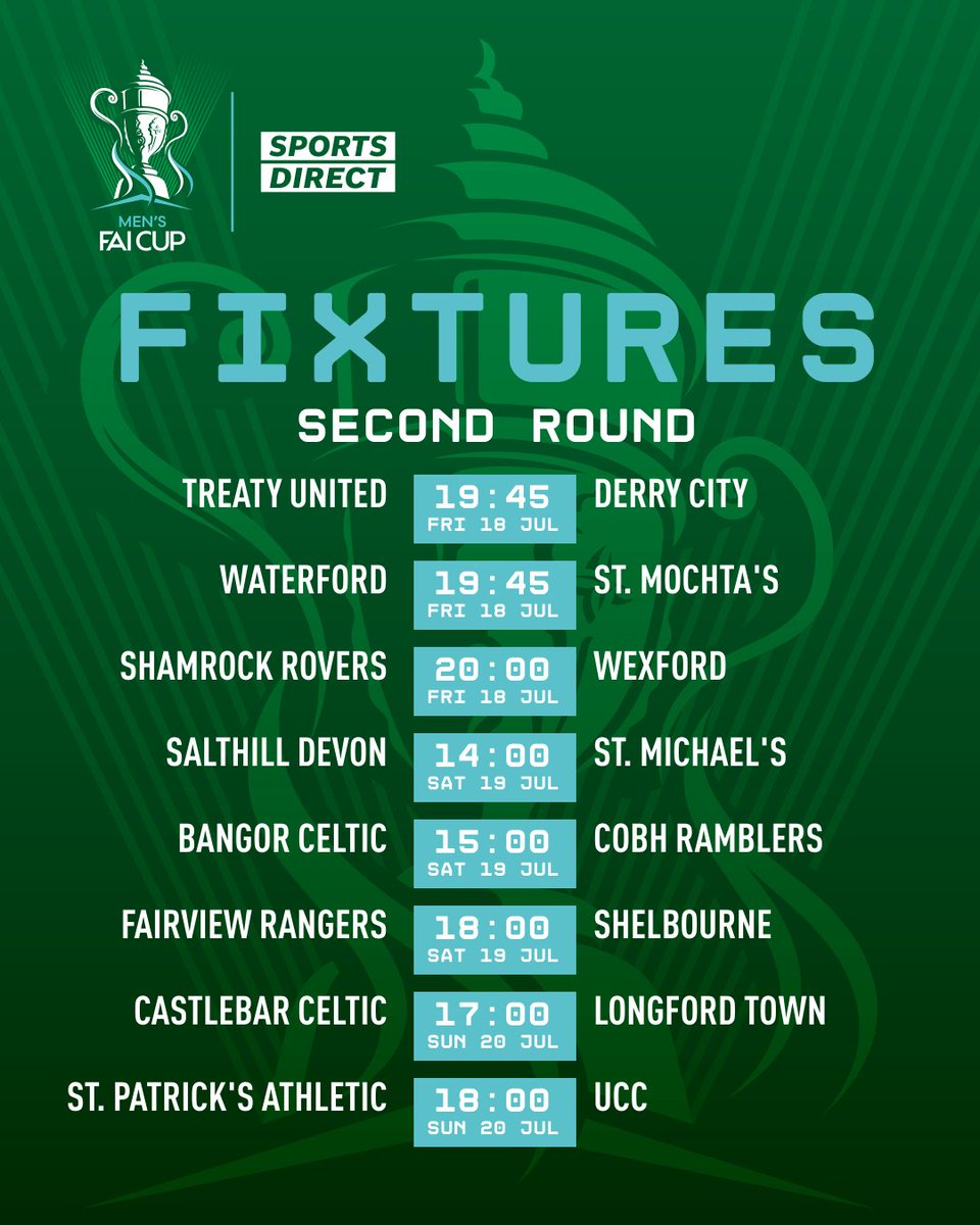 The fixture details have been confirmed for the 2025 Sports Direct Men's FAI Cup Second Round. 

What a weekend ahead as we go on the Road to the Aviva this year. 

Details 👉 fai.ie/latest/sports-…