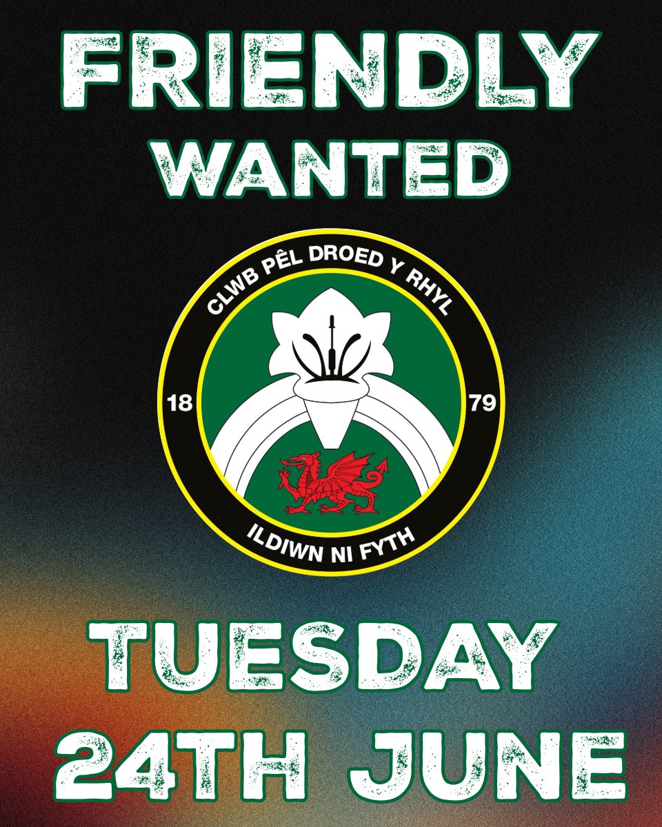 CPD Y Rhyl 1879 official (@rhylfc) on Twitter photo โซ๏ธ Friendly Wanted โช๏ธ
Unfortunately our planned friendly game away at <a href="/PenPhoenixFC/">Penmaenmawr Phoenix FC</a> has been cancelled due to their pitch not being ready and our pitch is also in recovery
We are looking for a team to host us on Tue 25th June.
Contact managingdirector@cpdyrhyl1879.co.uk โซ๏ธ Friendly Wanted โช๏ธ
Unfortunately our planned friendly game away at <a href="/PenPhoenixFC/">Penmaenmawr Phoenix FC</a> has been cancelled due to their pitch not being ready and our pitch is also in recovery
We are looking for a team to host us on Tue 25th June.
Contact managingdirector@cpdyrhyl1879.co.uk