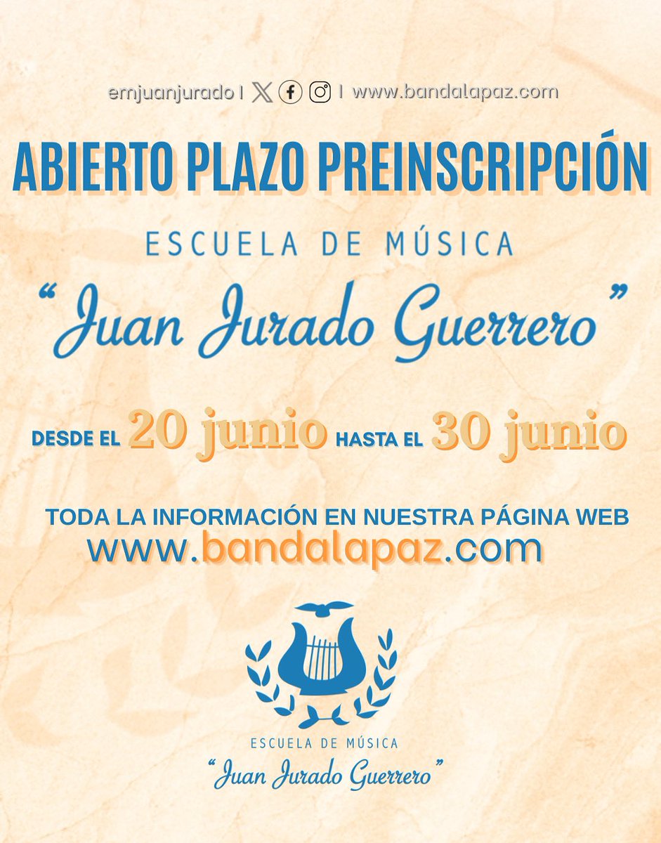 🎶 Abrimos plazo de preinscripción para el curso que viene, para alumnos continúan formando parte de nuestra familia musical, como para aquellos que quieran unirse. 

🧑🏻‍💻 Rellena el formulario que encontrarás en nuestra página web: bandalapaz.com 

#EMJuanJurado🧡🎶
