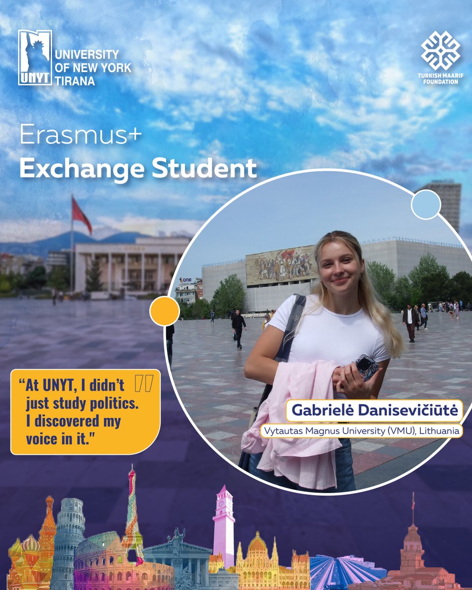 UNYT_Official's tweet image. ✨ “I didn’t just study politics. I lived it.”
📍 From Lithuania to Albania, Gabrielė Danisevičiūtė spent her Erasmus+ semester at the Department of Political Science &amp;amp; International Relations at UNYT.
#UNYT #ErasmusPlus #ExchangeExperience #StudentVoices #PoliticalScience