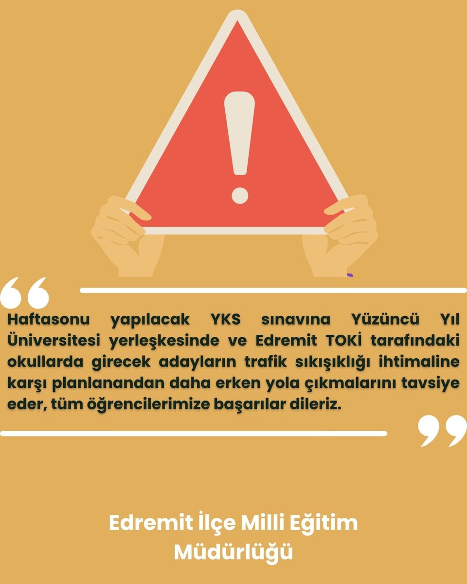 Edremit İlçe Millî Eğitim Müdürlüğü (@edremit_mem) on Twitter photo Tüm öğrencilerimize #yks sınavında başarılar diler, sınav yolundaki olası trafik sıkışıklıklarını hesaba katmalarını rica ederiz.
#yks25
<a href="/tcmeb/">Millî Eğitim Bakanlığı</a> <a href="/Yusuf__Tekin/">Yusuf Tekin</a> <a href="/tcvanvaliligi/">T.C. Van Valiliği 🇹🇷</a> <a href="/valiozanbalci75/">Ozan Balcı</a> <a href="/tcvanedremit/">T.C. Van Edremit Kaymakamlığı</a> <a href="/VanilMem/">Van İl Milli Eğitim Müdürlüğü</a> <a href="/mnaras/">M.Nurettin ARAS🇹🇷</a> <a href="/2006bilgin/">doğan nurses</a>
👇 Tüm öğrencilerimize #yks sınavında başarılar diler, sınav yolundaki olası trafik sıkışıklıklarını hesaba katmalarını rica ederiz.
#yks25
<a href="/tcmeb/">Millî Eğitim Bakanlığı</a> <a href="/Yusuf__Tekin/">Yusuf Tekin</a> <a href="/tcvanvaliligi/">T.C. Van Valiliği 🇹🇷</a> <a href="/valiozanbalci75/">Ozan Balcı</a> <a href="/tcvanedremit/">T.C. Van Edremit Kaymakamlığı</a> <a href="/VanilMem/">Van İl Milli Eğitim Müdürlüğü</a> <a href="/mnaras/">M.Nurettin ARAS🇹🇷</a> <a href="/2006bilgin/">doğan nurses</a>
👇