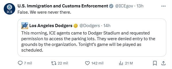 Swing Completo LLC (@swingcompletobb) on Twitter photo Los Angeles Dodgers han desplegado una agenda antigubernamental y "progresista" que debería ser analizada por #MLB
<a href="/ICEgov/">U.S. Immigration and Customs Enforcement</a> acaba de desmentirlos en lo que parece ser un alarde del equipo, pretendiendo encarar una entidad federal en el cumplimiento de su labor
The Los Angeles Los Angeles Dodgers han desplegado una agenda antigubernamental y "progresista" que debería ser analizada por #MLB
<a href="/ICEgov/">U.S. Immigration and Customs Enforcement</a> acaba de desmentirlos en lo que parece ser un alarde del equipo, pretendiendo encarar una entidad federal en el cumplimiento de su labor
The Los Angeles