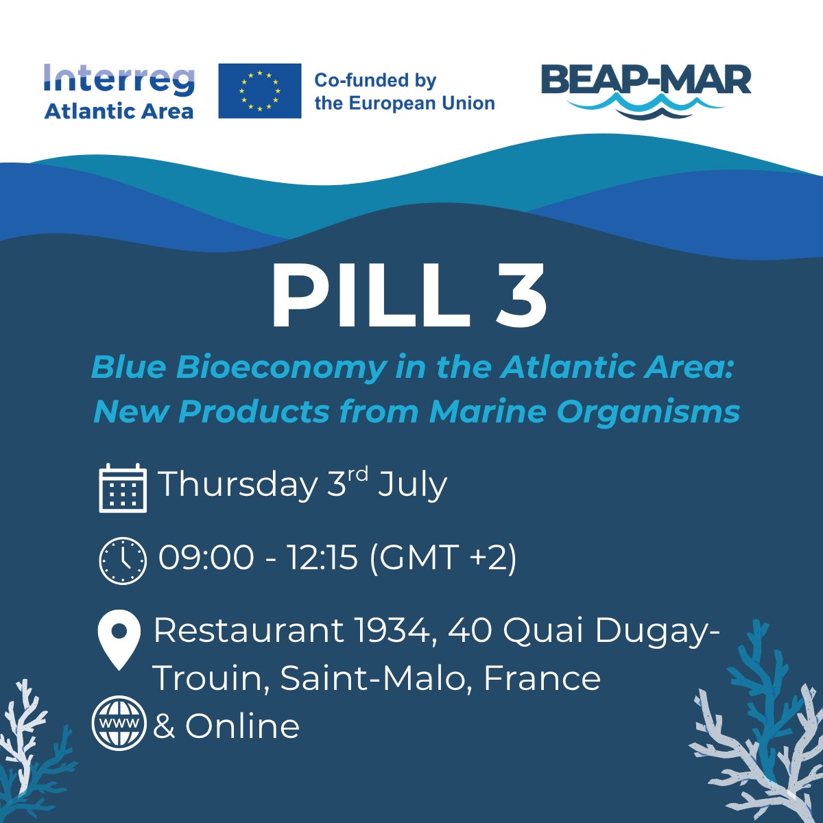 🌊 Exploring Innovation in the Blue Bioeconomy
Join us for a dynamic hybrid workshop showcasing cutting-edge projects &amp; research in marine biotechnology.

Register: beap-mar.eu/pill-3-july-20…

Don't miss this opportunity to connect, collaborate, &amp; get inspired by the blue bioeconomy