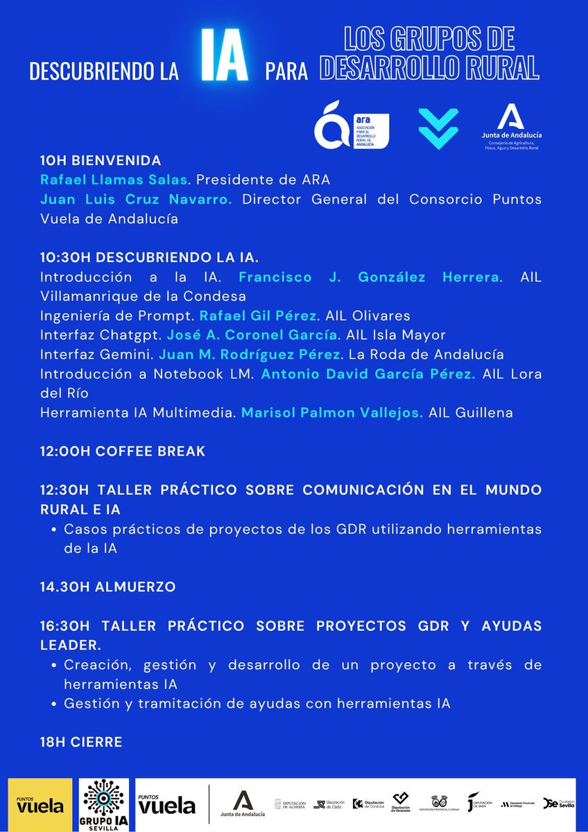 🤖📲<a href="/Andalucia_Rural/">Andalucía Rural (ARA)</a> organiza el curso presencial “Descubriendo la IA para los Grupos de Desarrollo Rural”

✅Dirigido a los 48 GDR de Andalucía

24 de junio📍10-18 h🏛️Ayuntamiento de Montilla
👉Colaboran <a href="/PuntosVuela/">Puntos Vuela</a> y <a href="/Ayto_Montilla/">Ayuntamiento de Montilla</a>

tinyurl.com/2yjdg9lw