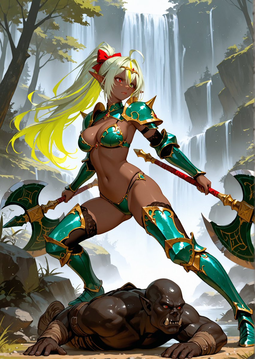 Hina, the Elven Warrior Princess, stands triumphant over the defeated orc chieftain 💚💖💛

#BikiniarmorfridayAI by 
<a href="/Jennyyjennyy_05/">Jenny 🔞</a> &amp; <a href="/theway2377/">The Way</a>
+ 
#AIElvenFriday by <a href="/CaptainMegu/">CaptainMegu</a>

Different style than usual❣️
Love or hate? 🥰

#AIart #AIイラスト #AICuties #AI美女 #TensorArt