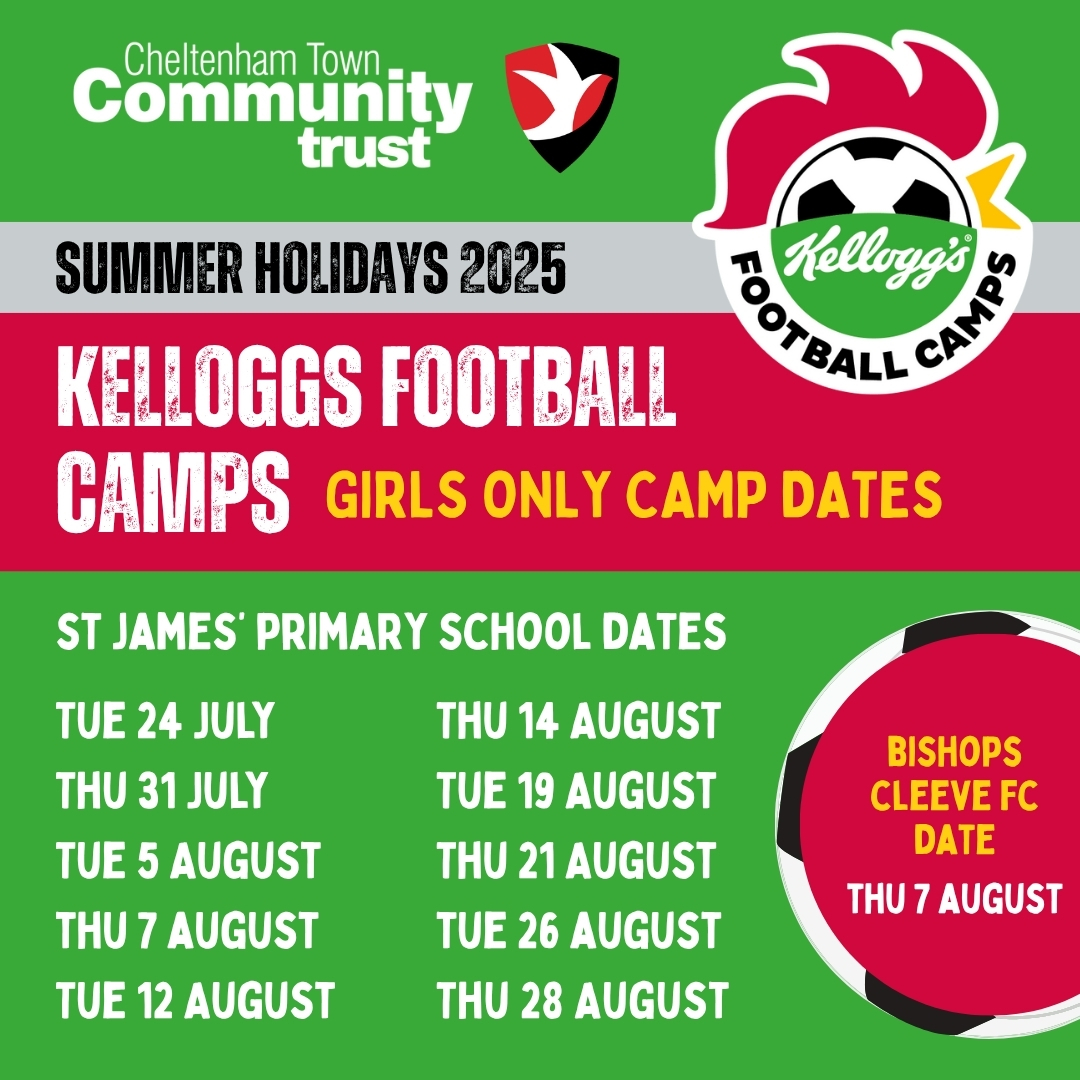 ⚽ Kellogg’s Football Camps return this summer with Cheltenham Town Community Trust!

📍St James’ Primary, Bishops Cleeve FC &amp; Cleeve School

⏰ 9am–3pm | Ages 5–12 (+ Girls 6–13)

Book here: officialsoccerschools.co.uk/cheltenhamtown…

#KelloggsFootballCamp